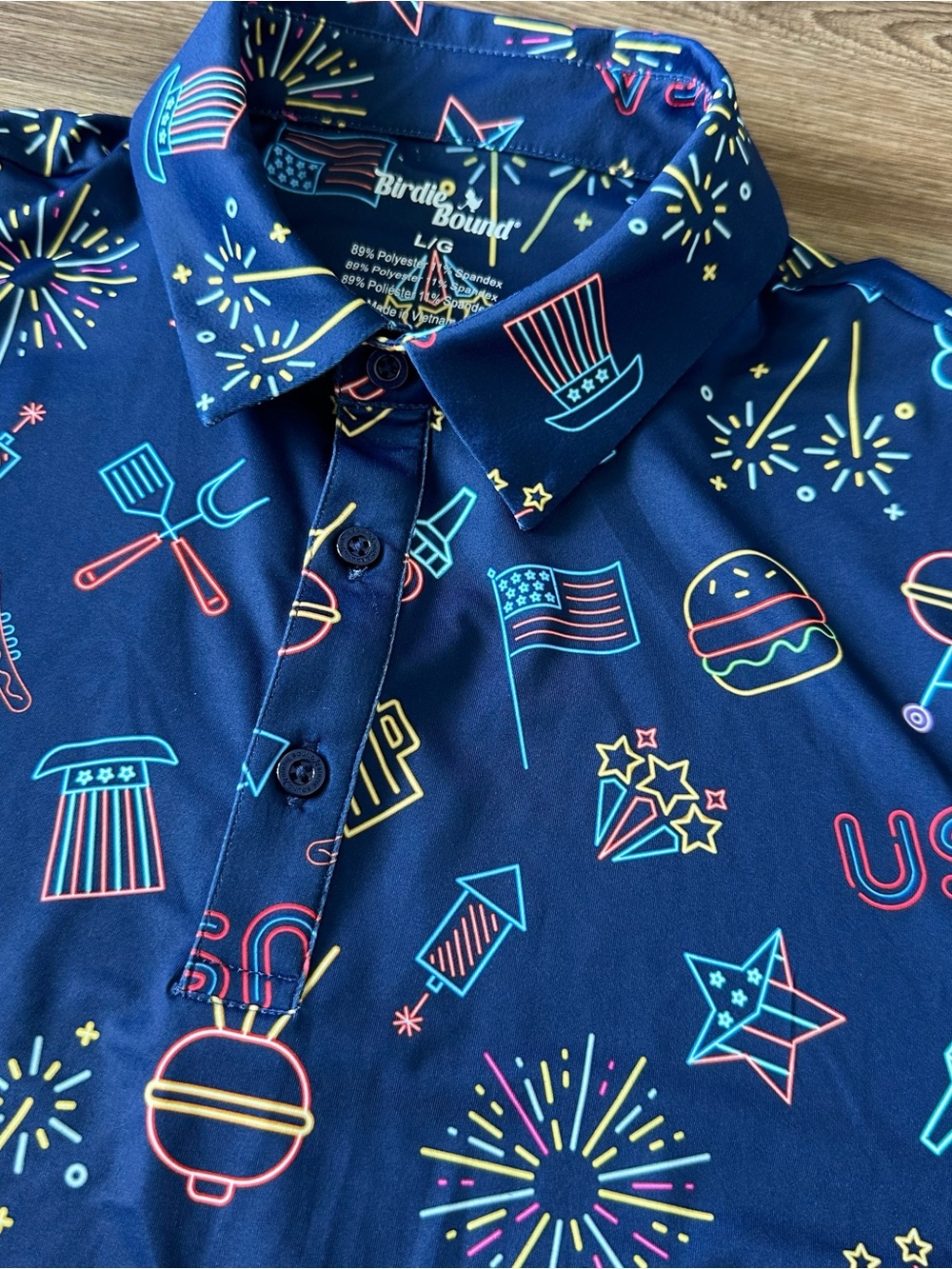 Birdie Bound Americana Performance Golf Polo Shirt Fireworks July 4th Mens Large